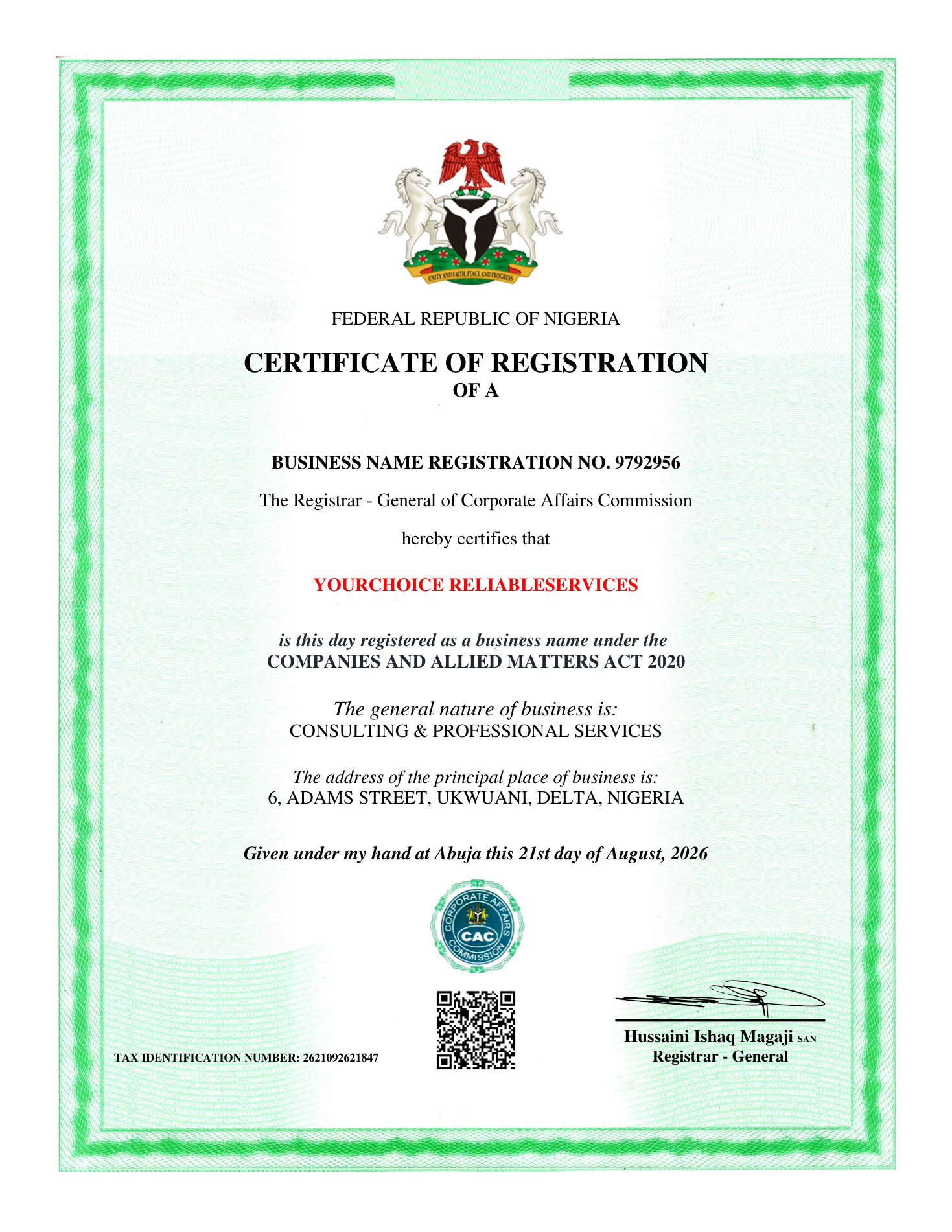 Certificate of Registration of Your Choice Reliable Services issued by the Corporate Affairs Commission