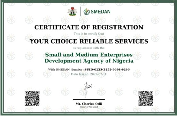 SMEDAN Certificate of Registration for Your Choice Reliable Services